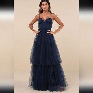 Lulus Unforgettable Poise Navy Blue Tulle Bustier Tiered Maxi Dress